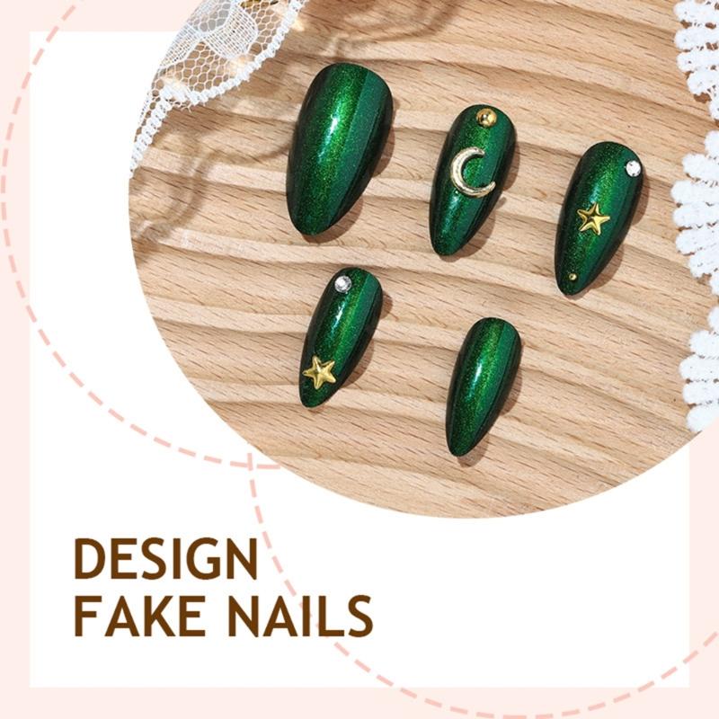 Fashion Press On Nail With Emerald Cats Eye Design Lightweight Full Cover Stick On Nail for Women Manicure