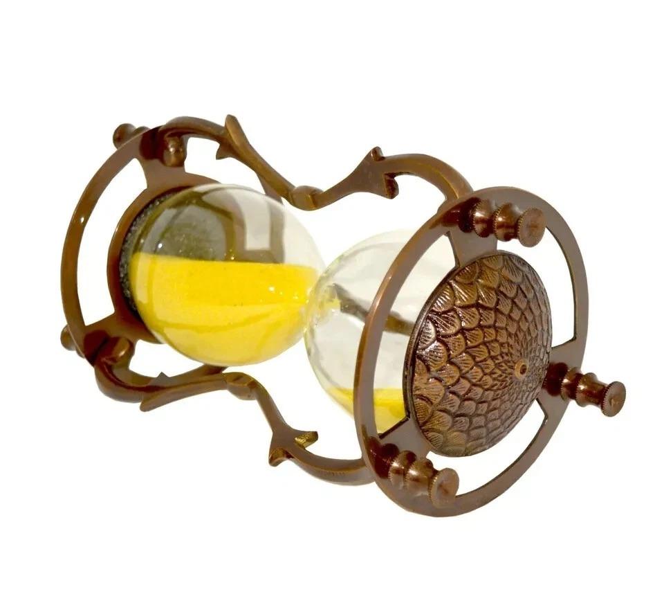 "7'' Antique Vintage Brass Hourglass – Maritime Sand Timer with Yellow Sand – Nautical Home Decor Shelf Clock"