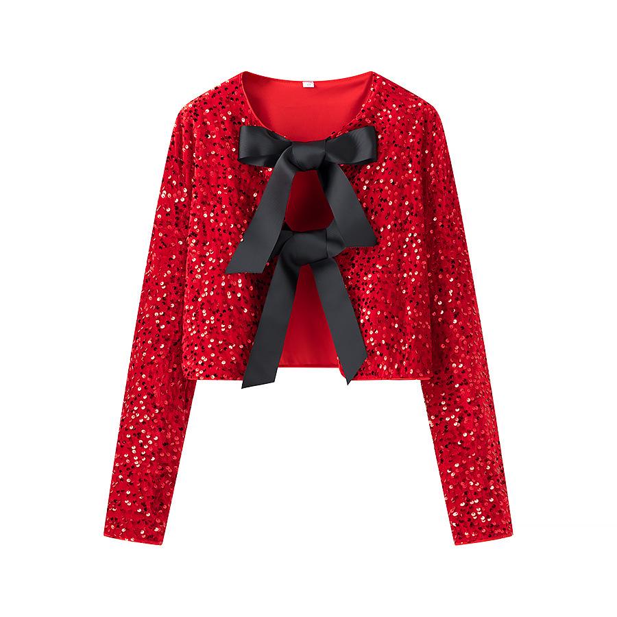 

2025 Весна Женский Европейский и Американский Стиль Универсальный Топ с Бантом и Пайетками S