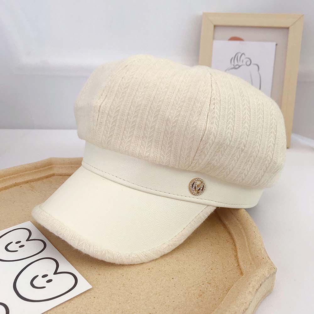 Fragrant Style Stripe British Style Letters PU Leather Women Berets Painter Hat Korean Style Hat