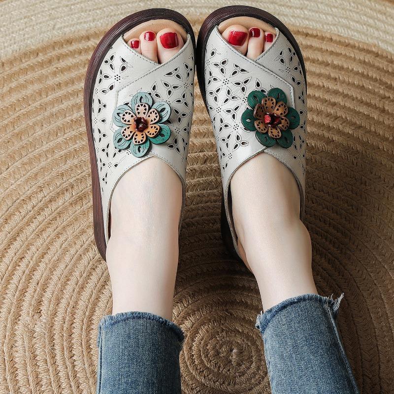Summer New Thick-soled Retro Outer Slippers Women's Real Cowhide Fish Mouth Hollow Breathable Slope Heel Cool Slippers
