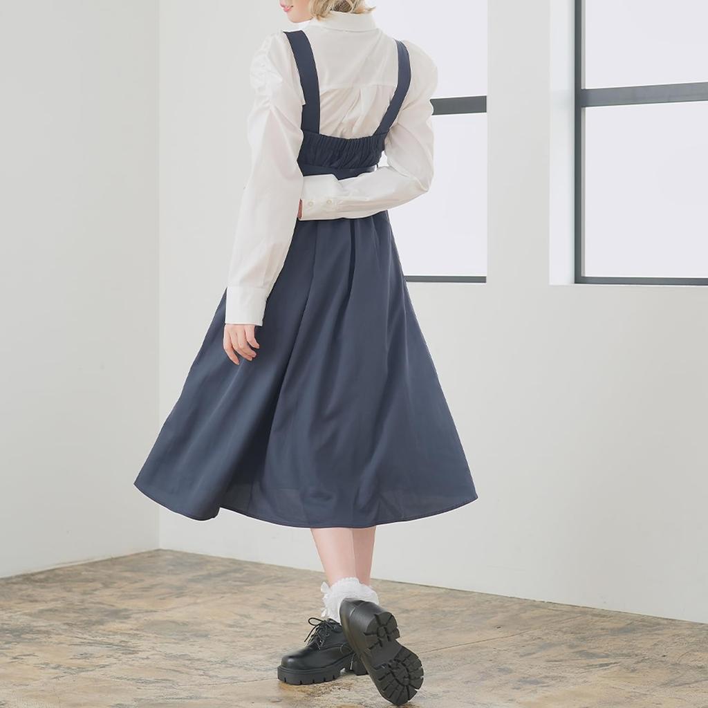 [Yumetembo] Jumper Skirt, Front Button Jumper Skirt Dress, Long, Navy