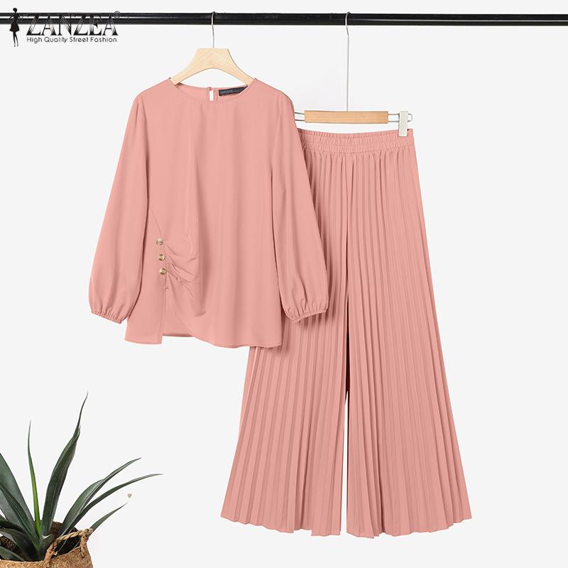 ZANZEA Blusa de Manga Larga para Mujer y Pantalones de Pierna Ancha Conjuntos Casuales de Dos Piezas