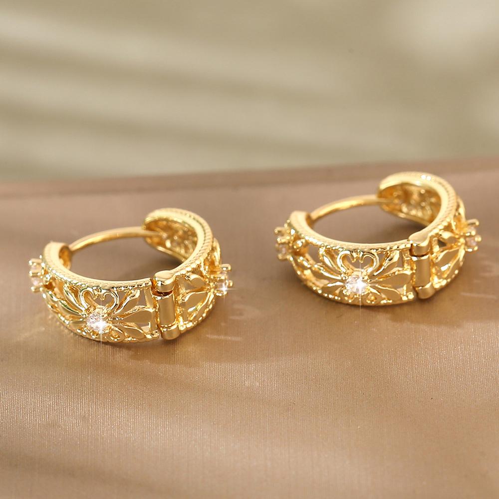 Cercei cu cerc de nuntă, de lux, pavat, de culoare aurie, cu model retro de flori, pentru femei, cadou de bijuterii de petrecere