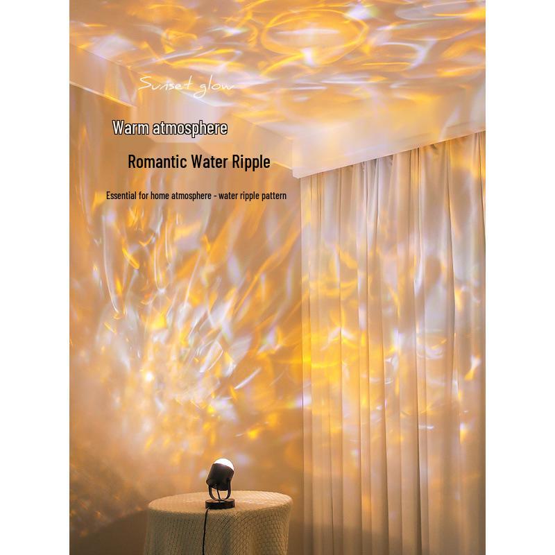 Rotující Stolní Lampa s Vlnkami Vody – Atmosféra Západu Slunce Červená & Noční Světlo