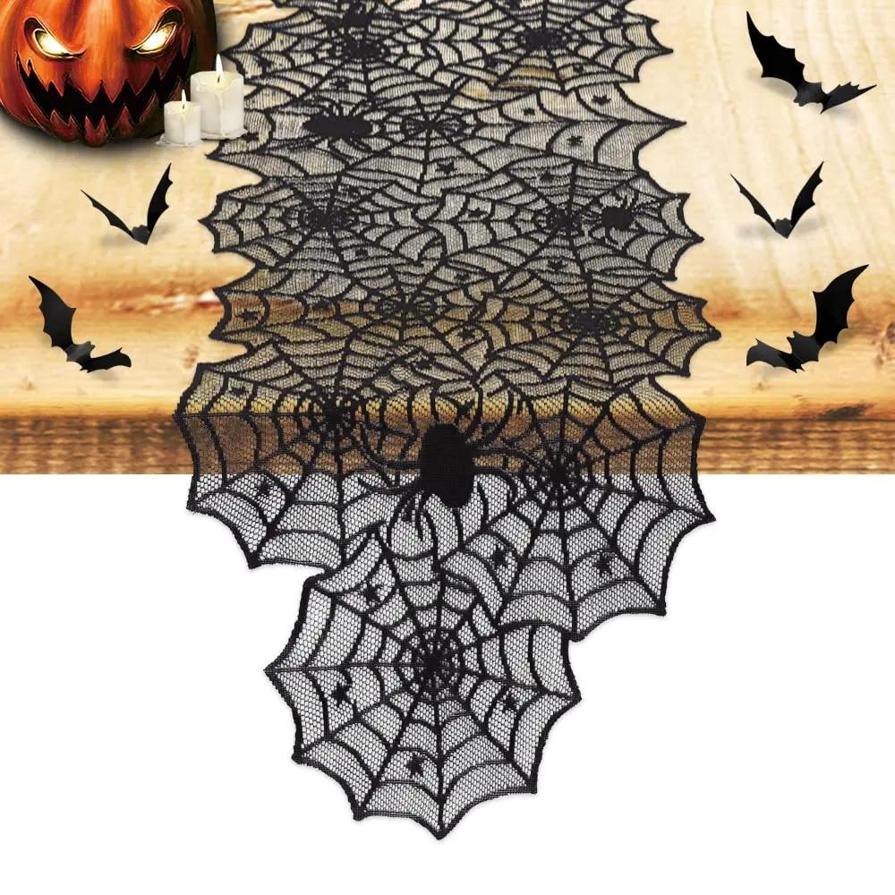 1PC Halloween Spider Web Black Lace Table Runner Kitchen Dining Table Decor Indoor Outdoor Party Spooky Holiday Home Decoration