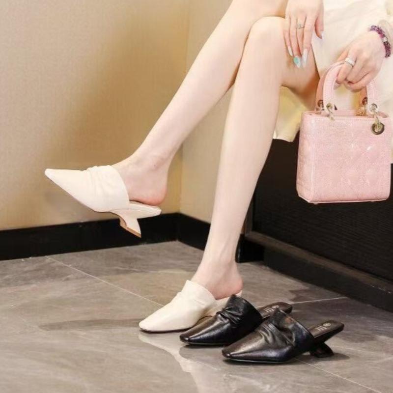 Fashion Shaped Heel Wrapped Slippers Women's Fashion Square Toe Deep Mouth Pleated Cover Foot Anti-slip Wear-resistant Kitten Heel Shoes