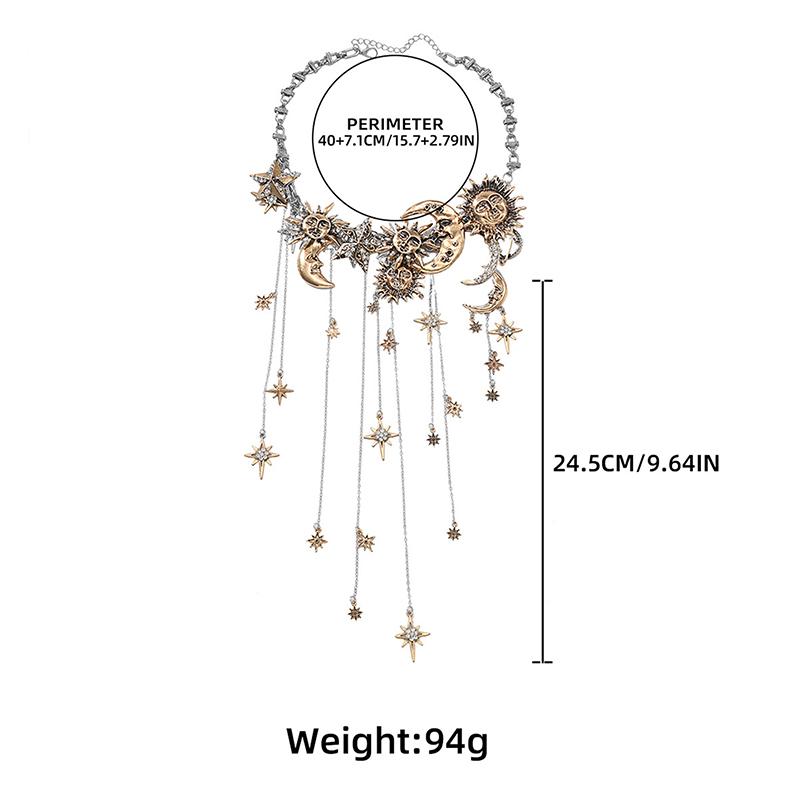 Exaggerated Multi-Layered Tassel Pendant Necklace With Moon Star Sun And Full Diamond Design For Women In Boho Style