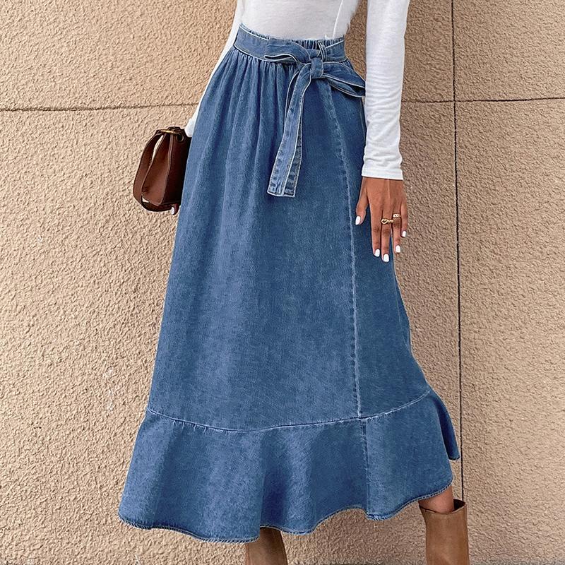 Women Elastic High Waist Bandage  A Line Ruffles Jean Denim Skirt