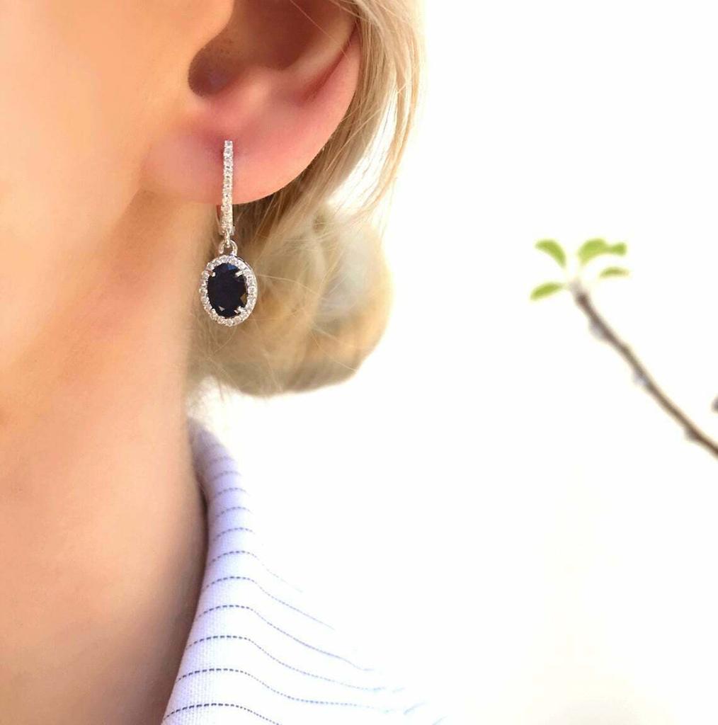 Genuine Natural Blue Sapphire Oval Halo Dangle Drop Silver Earrings  For MOM