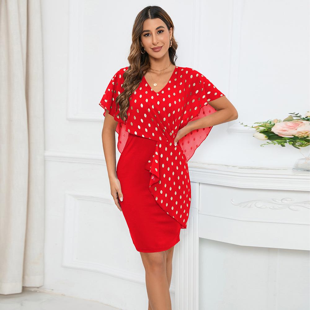 

HNXC Жіноча мода літо весна повсякденні сукні з плямами з коротким рукавом і V-подібним вирізом із високою талією XXL червоний