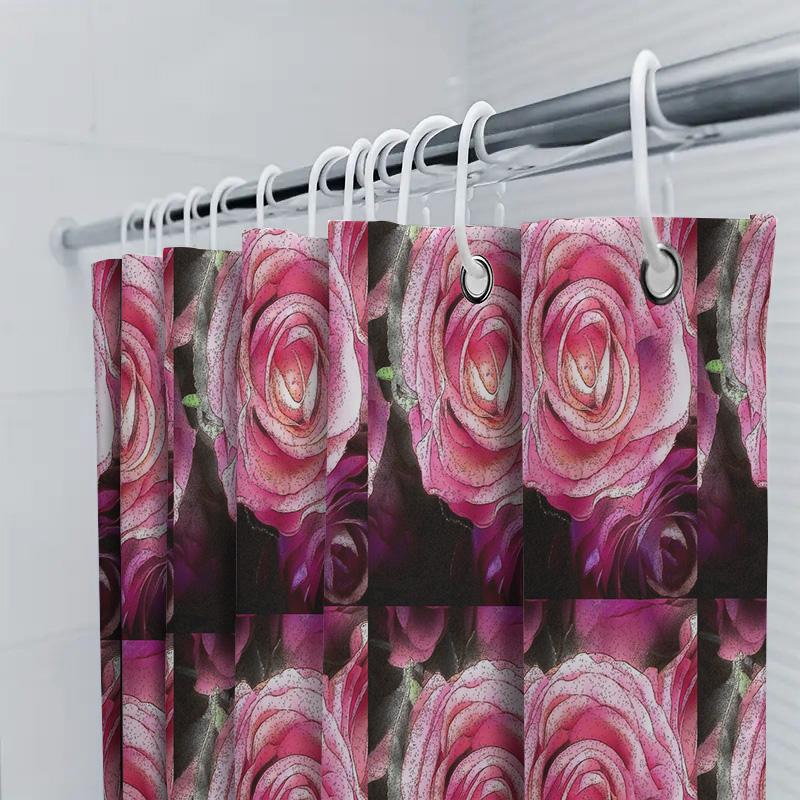 Luxurious Pink Rose Bath Shower Curtain Set 3D Printed Floral Decor for Bathroom, Waterproof Fabric Perfect Gift (Set of 6 Panel