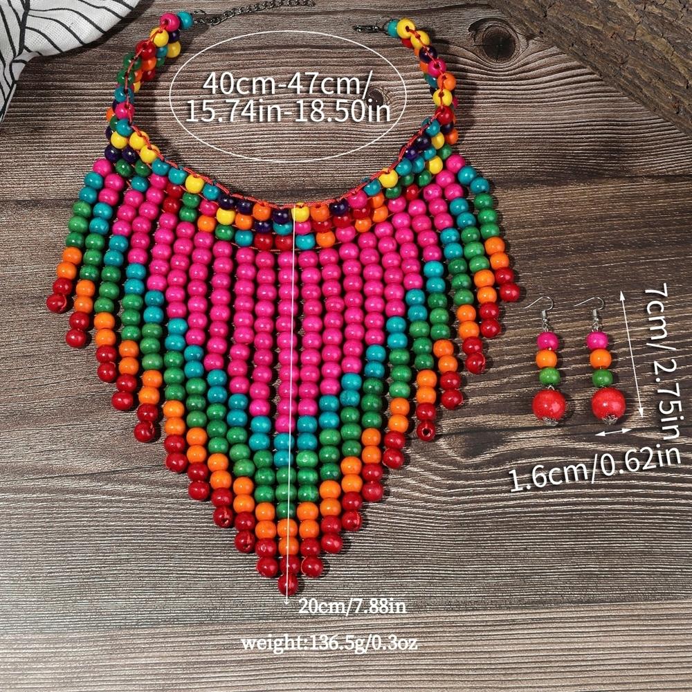 Ensemble de Bijoux Africains Bohème Vintage Fait Main Collier Ras-du-cou Perles de Bois Boucles d'Oreilles Pour Femmes Accessoires de Fête