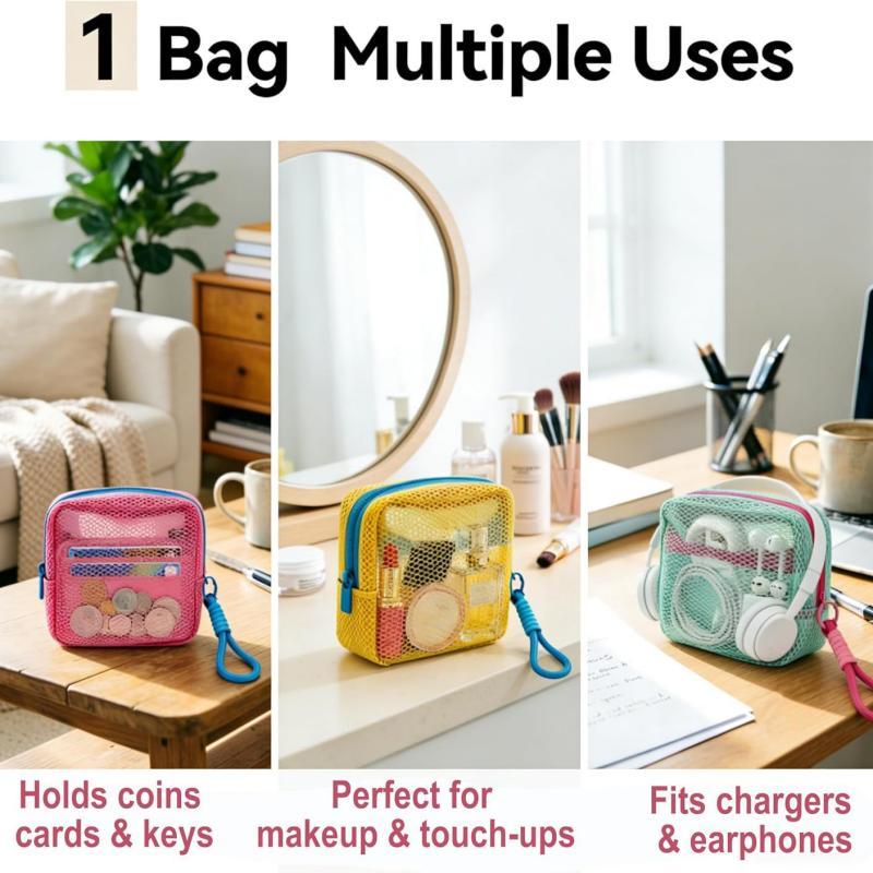 4Pcs Small Mesh Beach Pouch Clear Cosmetic Bag With Detachable Wrist Strap Travel Organizer For Sunscreen Keys Cables