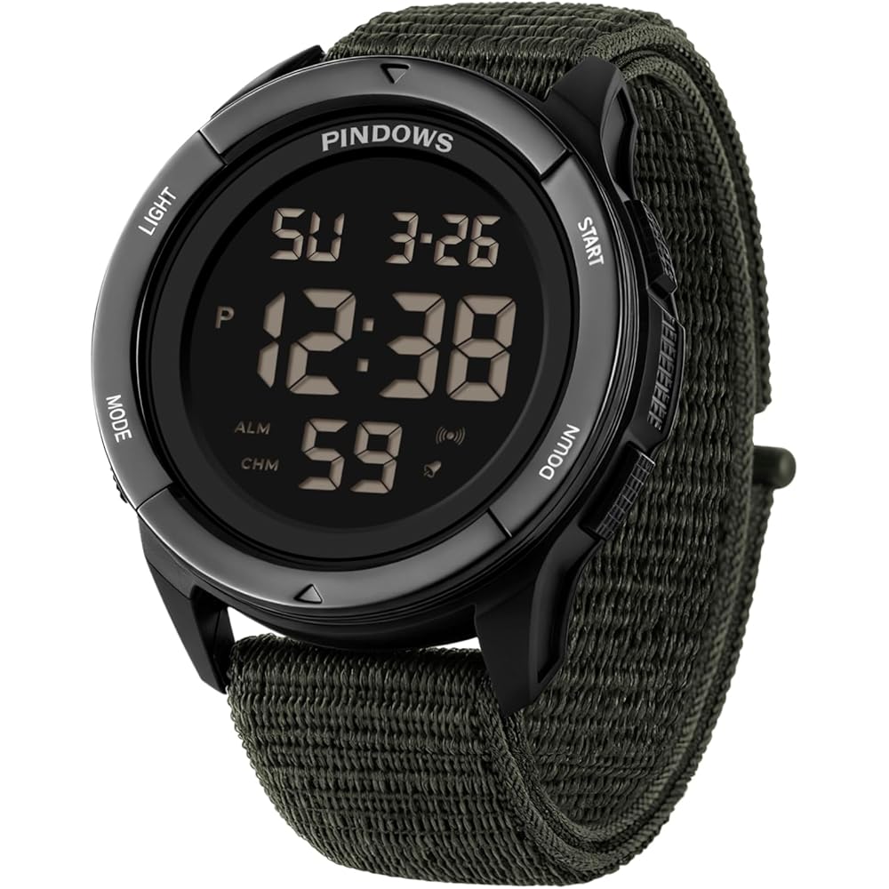 PINDOWS Men s Digital Sports Watch Lightweight ABS Case Nylon Strap 50M Waterproof Black