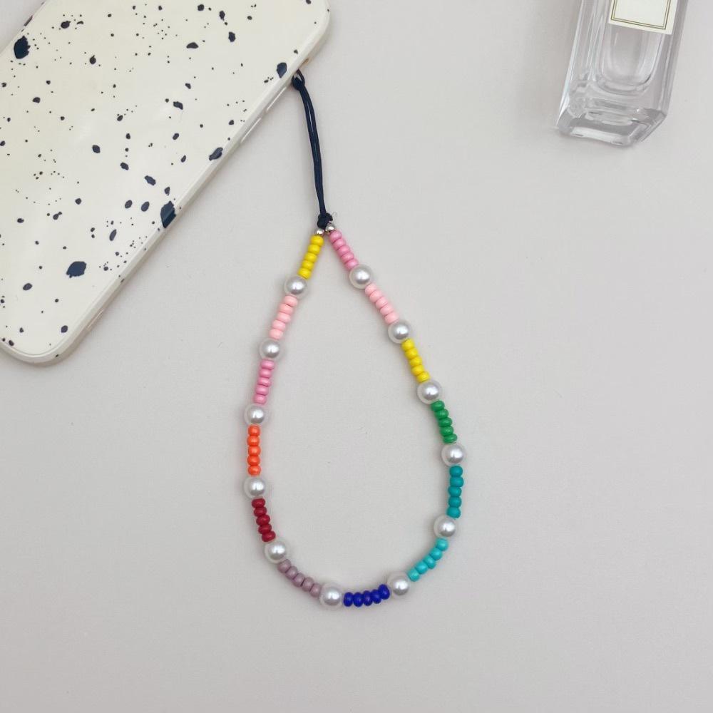 Color Rice Beads Acrylic Pearls Fashion Anti-lost Hand Pendant Short Mobile Phone Chain