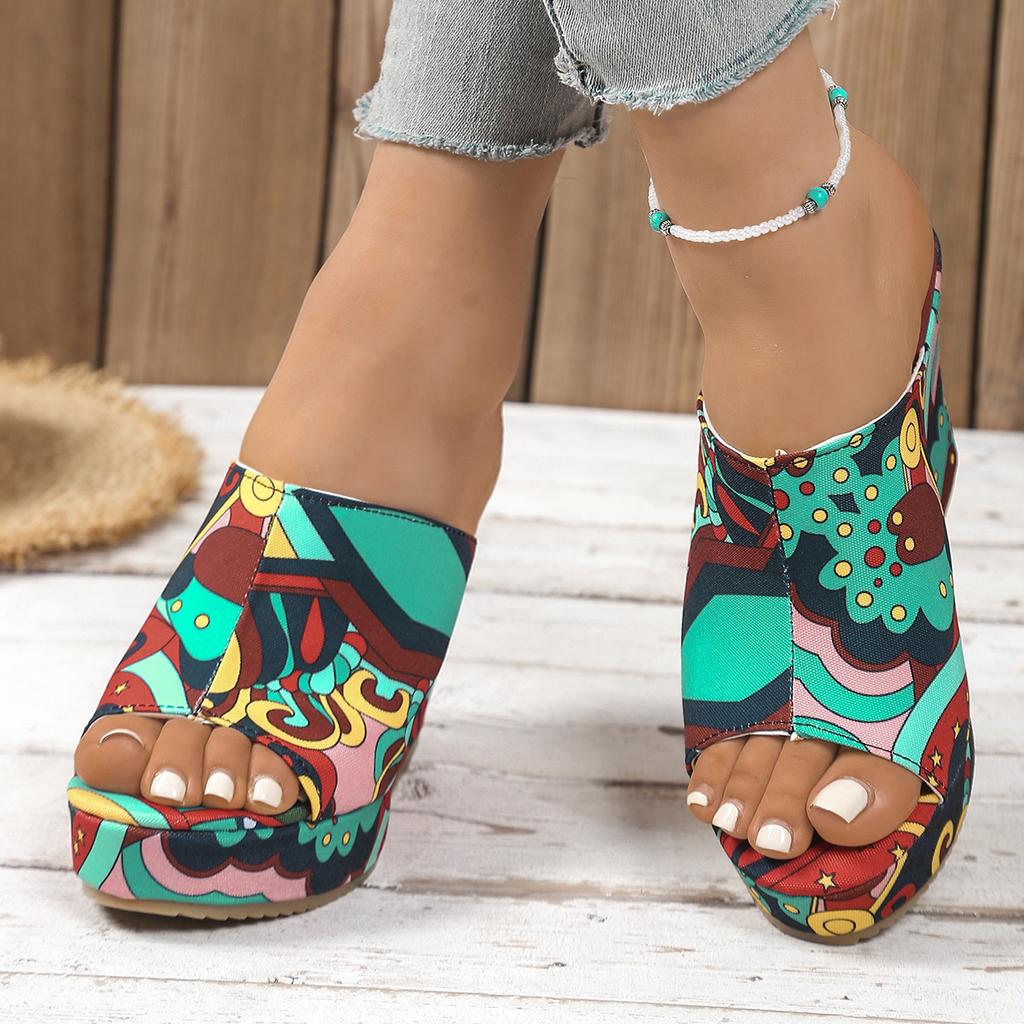 Fashion Colorful Graffiti Women Wedge Sandals Summer Peep Toe Platform Shoes Woman Fashion Thick Bottom Beach Sandals Zapatos De Mujer
