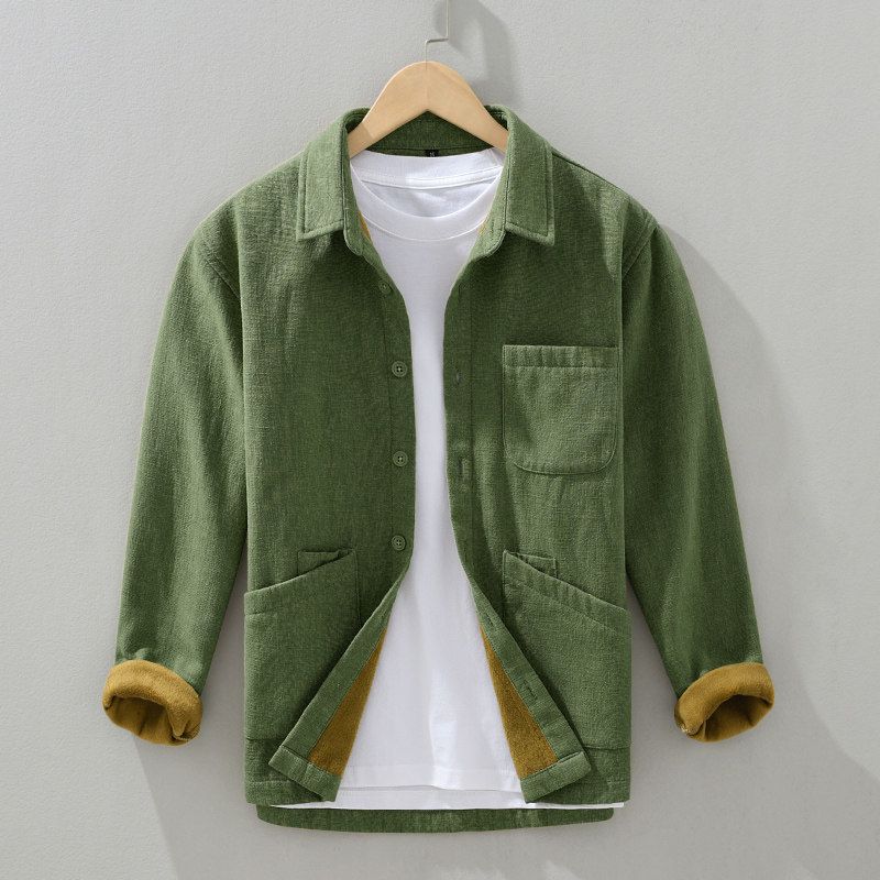 With Tags Removed, Turn-Down Collar, Fleece-Lined, Ramie Long-Sleeve Men's Winter Cotton-Linen Japanese-Style Casual Shirt, High-End Feel Jacket