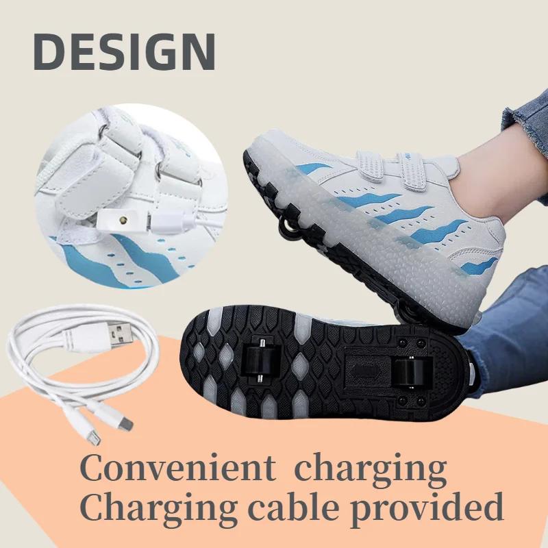 Shoes with Wheels for Kids Beginners - Adjustable Velcro Strap 2-Wheel Roller Skates with USB Rechargeable LED Lights