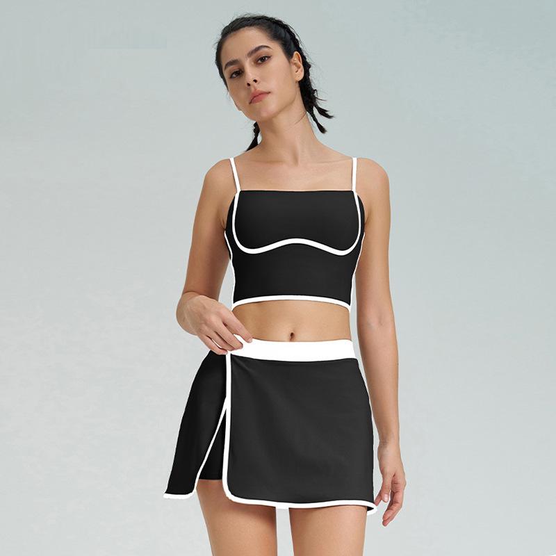 Women's Slimming Contrast Color Tennis Set, Quick-Dry Yoga Fitness Vest & Skirt with Chest Pads, Two-Piece Activewear.