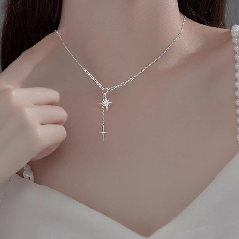 Silver Color Y Necklace For Women Fashion Crystal Star Pendant Necklace Long Tassels Clavicle ChainNecklace Women Party Jewelry