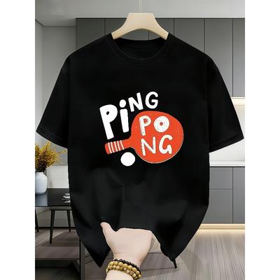 Europäische Größen Herren Tischtennis Schläger Druck T-Shirt - Sportliches Kurzarm Rundhals Oberteil mit Pong Grafik
