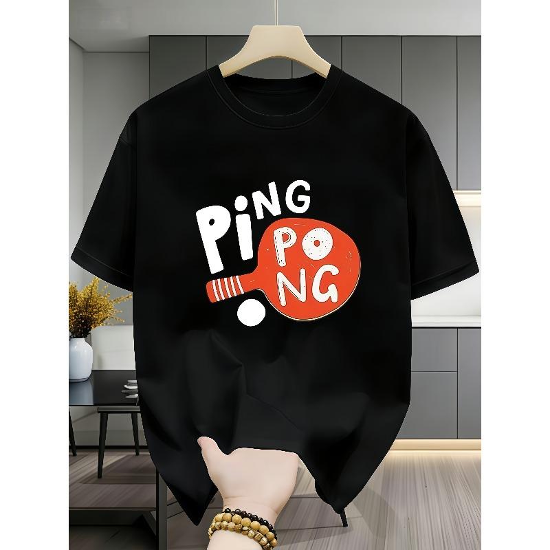 European Sizes Men' Ping Pong Paddle Print T-Shirt - Sporty Short Sleeve Round Neck Top with Pong Graphic
