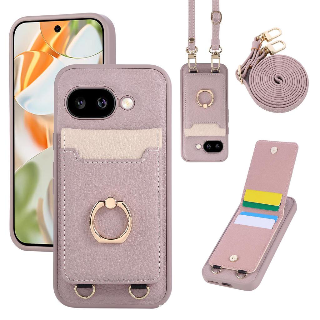 Skórzane etui na telefon z uchwytem na karty i smyczą dla Google Pixel 9a/10 Pro, wzór liczi, styl japoński i koreański