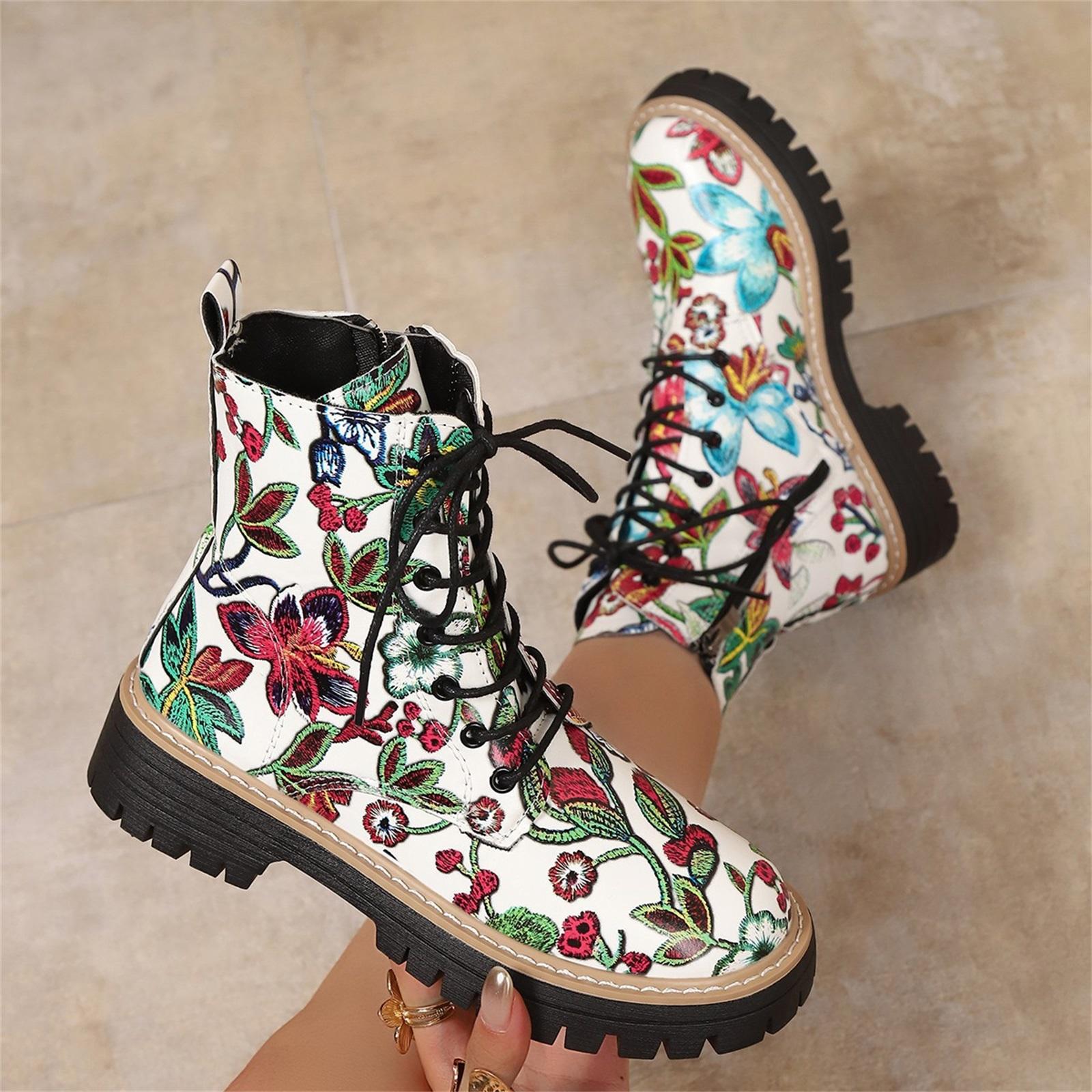 

Women s Printed Leather Round-Toe Lace-Up High-Top Boots Versatile Boots For Women 40 білий
