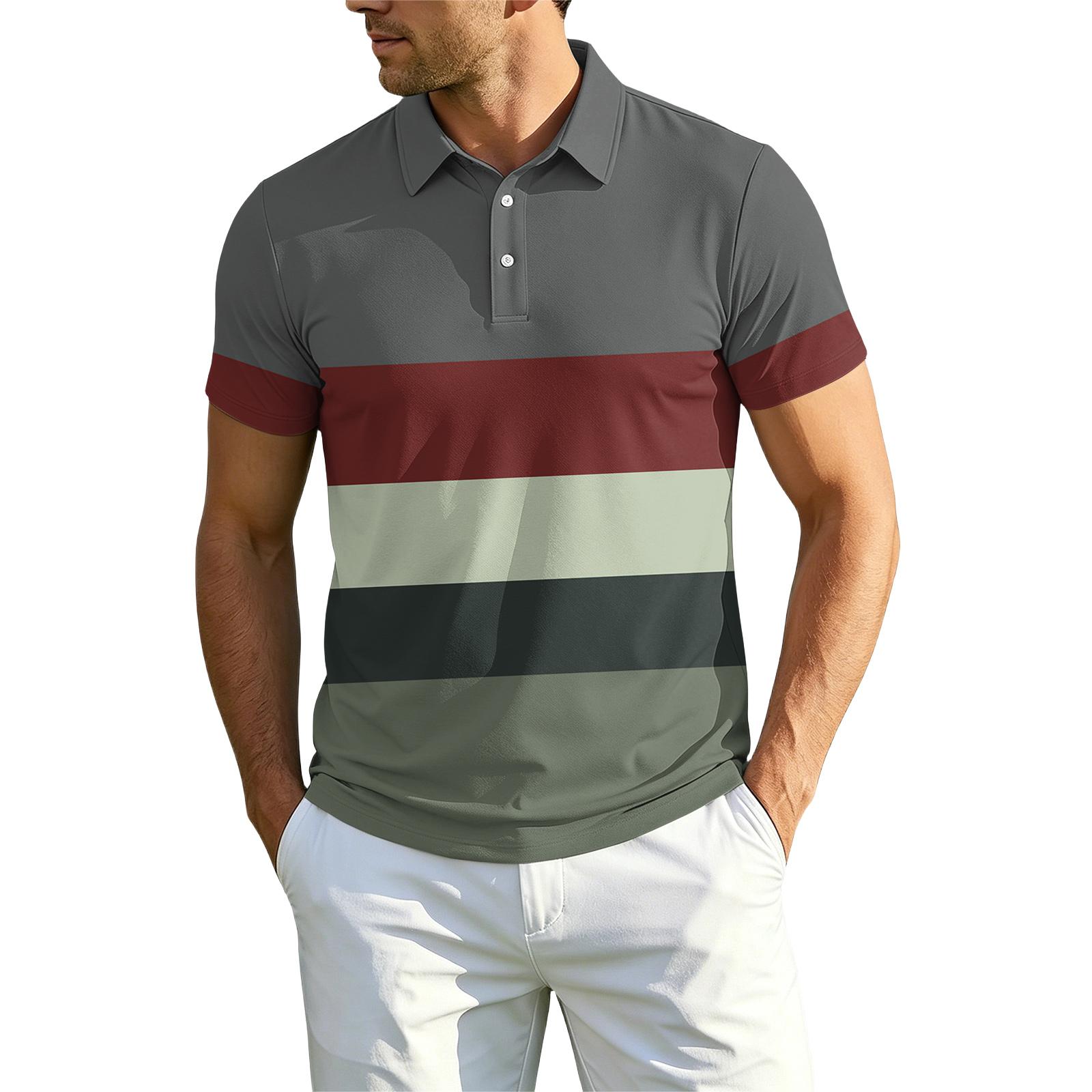 

Men’s Short Sleeve Polo Shirt with Classic Collar and Button Placket Gradient Stripe Print Lightweight Breathable Fabric for Daily Wear XL