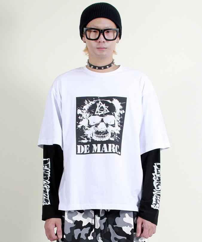 Deumakeu Skull Graphic Double Sleeve Long Sleeve T-Shirt White