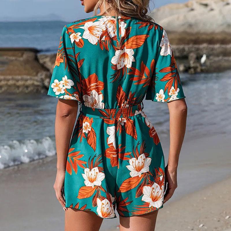 Beach Vacation Short Sleeve V Neck Casual Jumpsuits Women Rompers Summer Loose Print Short Jumpsuit for Women Elegant High Waist Lady Playsuits 26275