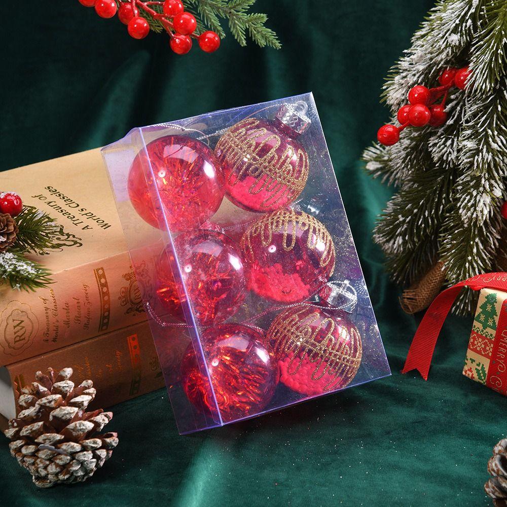 Set de 6 Nouvelles Boules 6cm Bordure Dorée Grille Peinte Boule de Noël Pendentif Plastique Décoration Sapin de Noël Décor Sapin de Noël