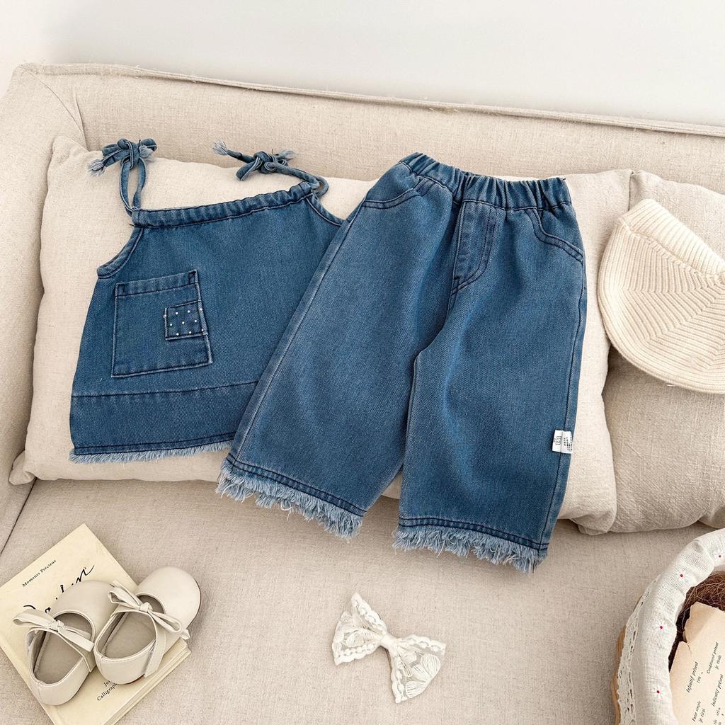 Children'S Clothing Girls' Denim Suit Spring Clothing Baby Foreign Fashionable Loose Suspender Top Wide Leg Pants