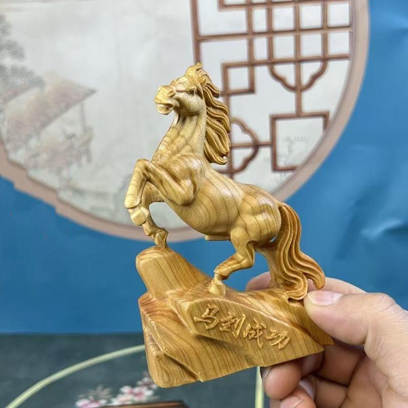 wood carving Zodiac Horse Animal figurine decoration Solid wood carving Home Living Room Office Wealth Luck Feng Shui Decor