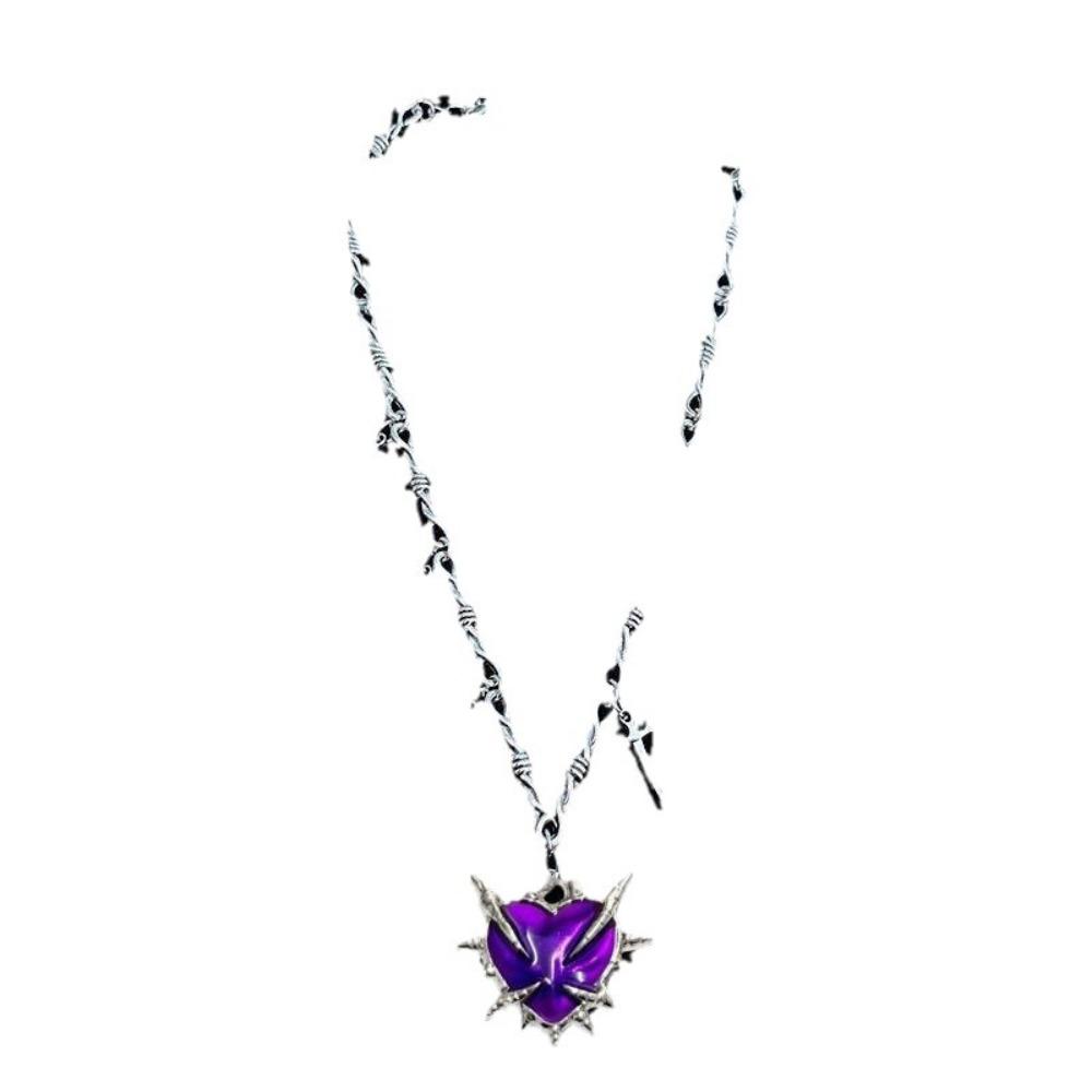 Yk2 Subculture Sliver Color Thorn Chain Sword Tassel Black Heart-shaped Pendant Necklace for Women Men Hip-hop Street Jewelry