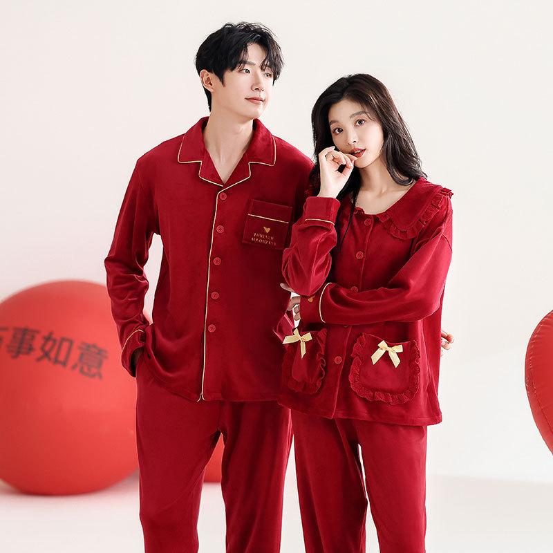 Couple pajamas big red suit natal year marriage newlywed men and women winter island fleece fleece autumn and winter small man