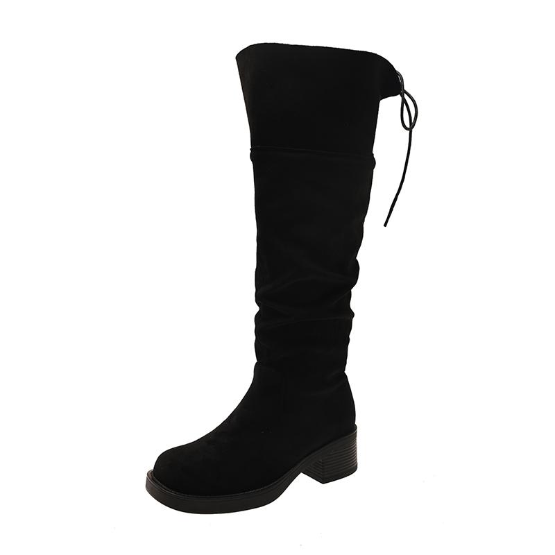 Knee High Boots Women's Fashion Round Toe Suede Sleeve Soft Sole Anti-slip Wear-resistant Block Heel Shoes