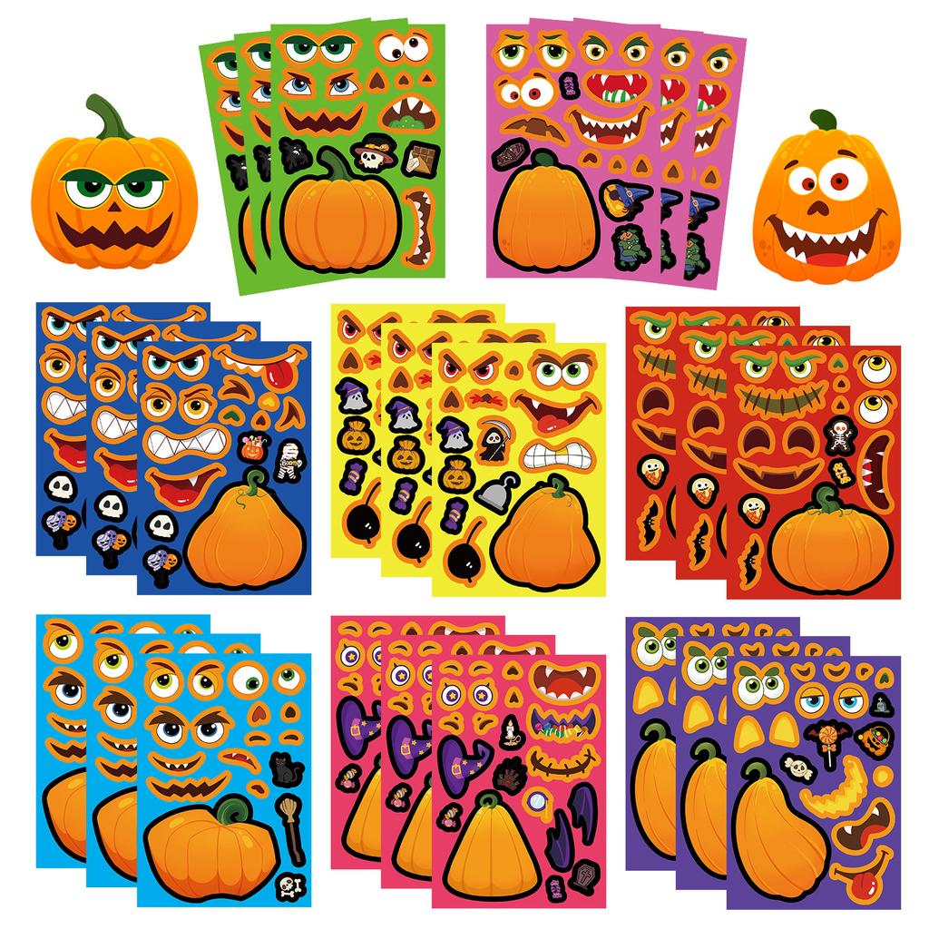 8 Sheets Halloween Pumpkin Stickers Cartoon Cute Collage Decor Children's Playthings Mobile Skateboards Waterproof PVC Stickers