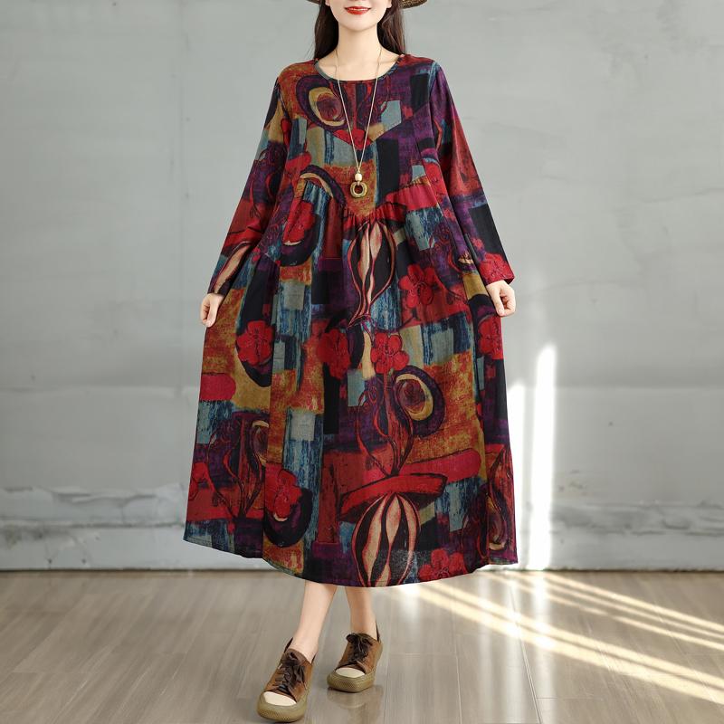 

DIMANAF 2025 Женское Весеннее Длинное Платье Большого Размера Свободное Базовое С Принтом Винтажное Повседневное Цветочное Оверсайз С Длинным Рукавом Макси One Size