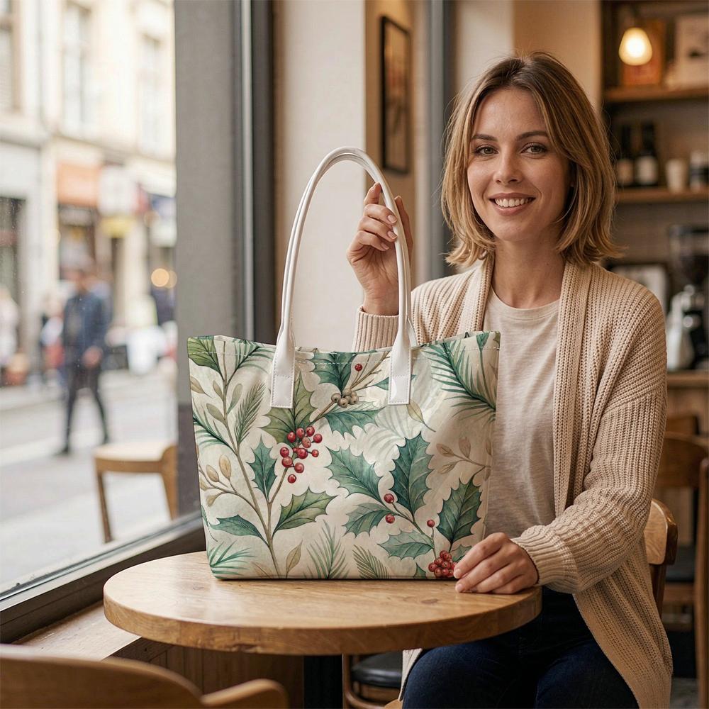 Christmas Holly Berry Print Tote Bag Aesthetic Casual Daily Portable Shoulder Bag