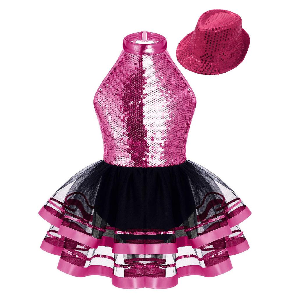Sparkling Party & Performance Tutu for Girls: Halter Neck Backless Dress with Sequins, Includes Hat for Easy Complete Look