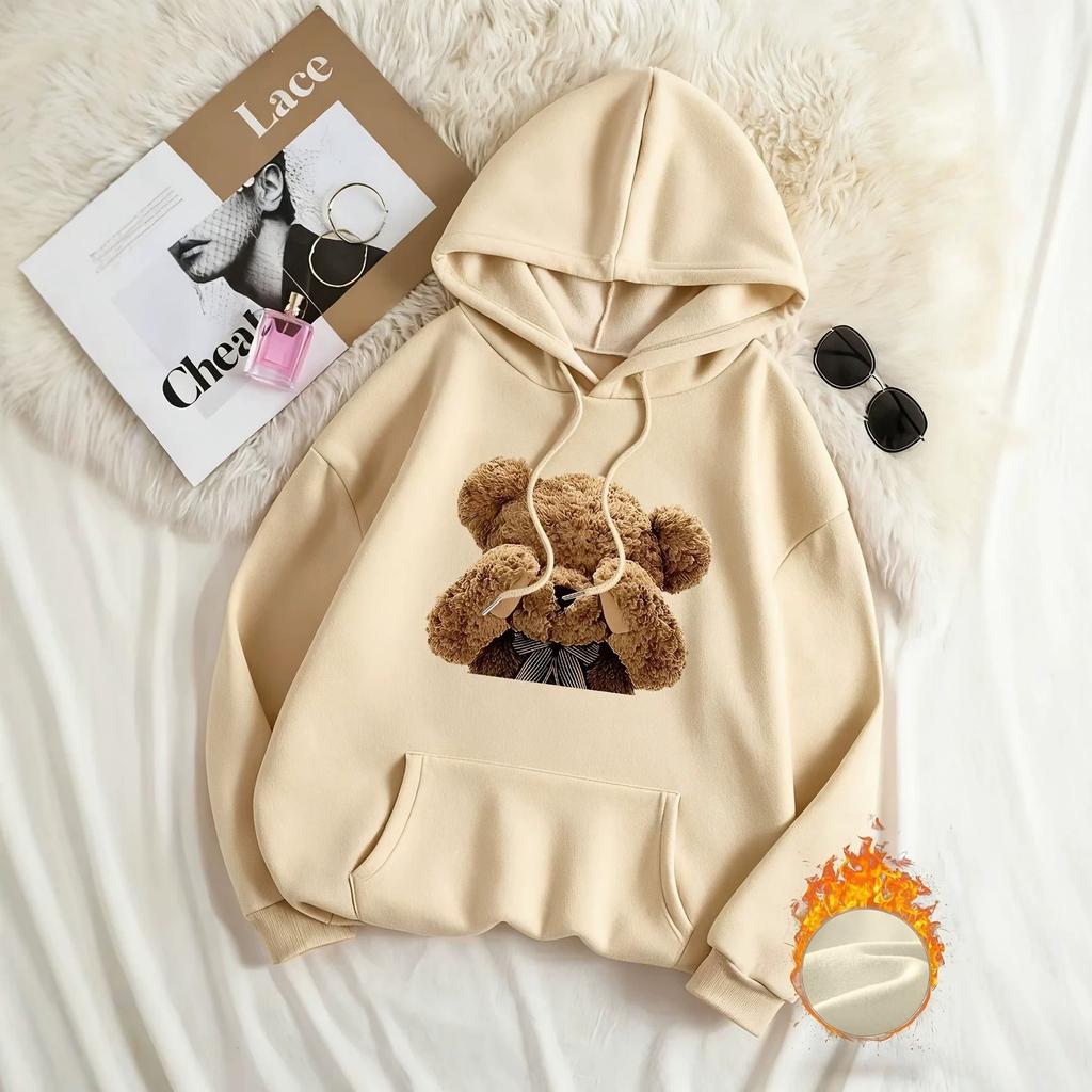 Women's eye-covering teddy bear print hooded sweater autumn and winter velvet loose oversize women's hoodie