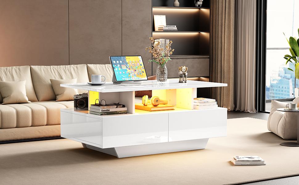 Modern High-Gloss Coffee Table with LED Lighting and 2 Drawers – Stylish 90x55x41 cm Side Table with Storage, Load Capacity up to 30 kg