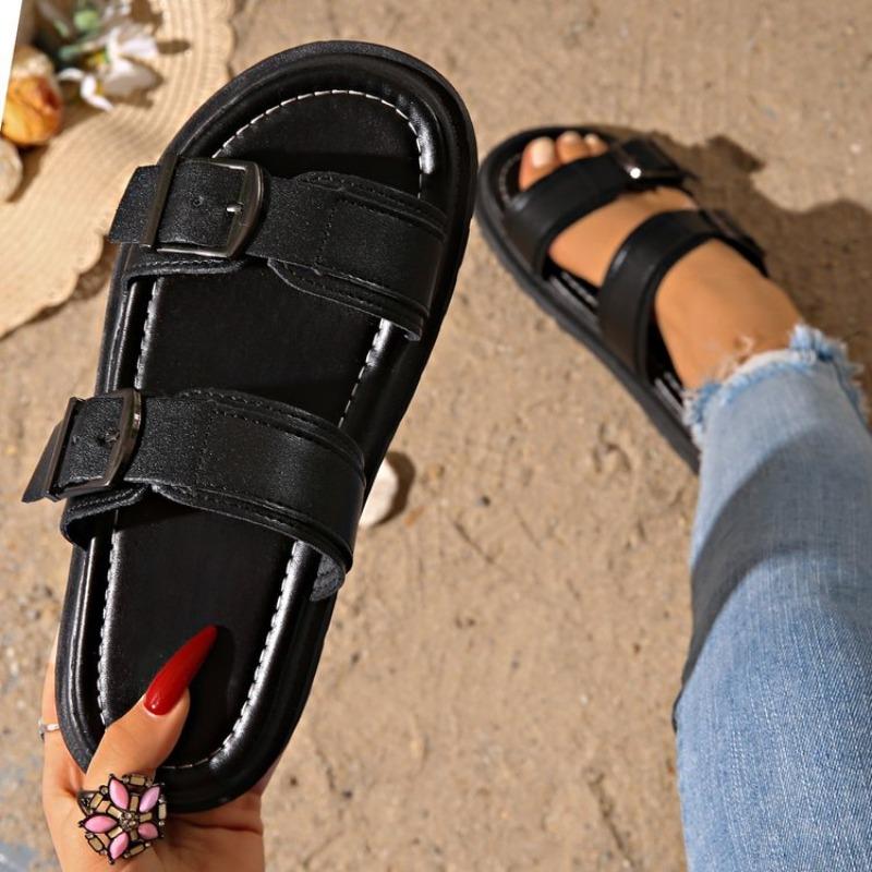 2026 Casual Slippers Women Leather Metal Ankle Buckle Strap Summer Beach Ladies Low Heel Sport Shoes Handmade