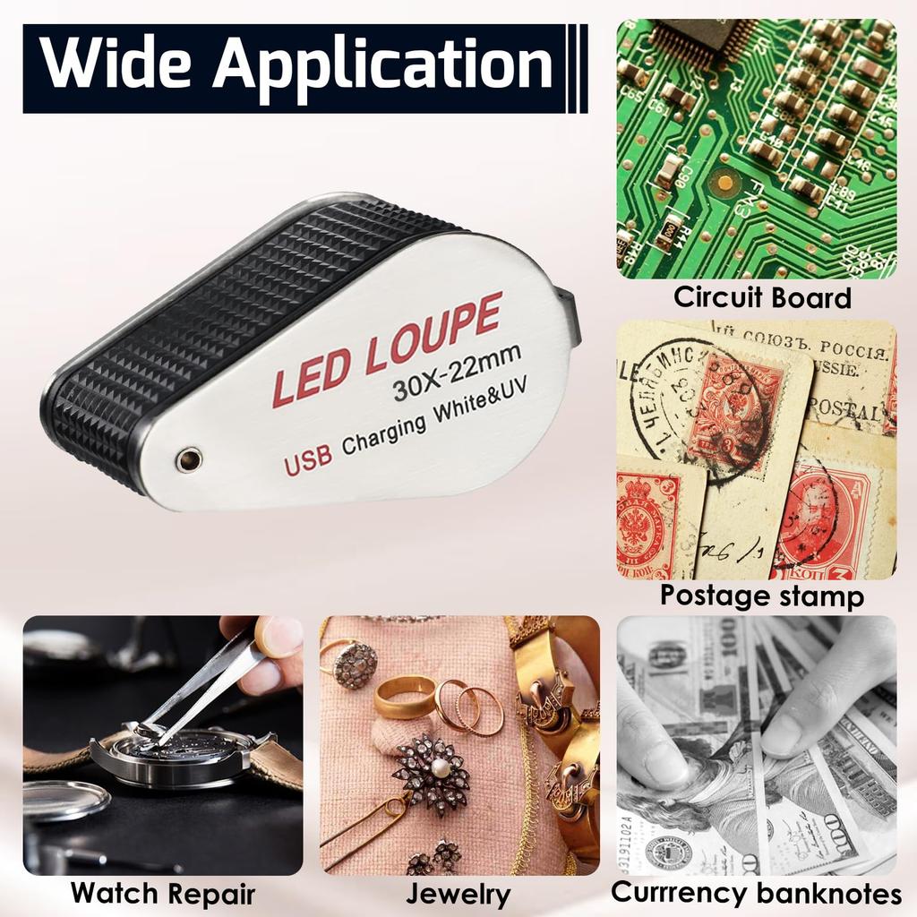 Beleuchtete Schmucklupe 30x Wiederaufladbare Faltbare Schmucklupe mit 6 LEDs UV-Licht für und mehr Glas, Vergrößerung, & Edelsteine,