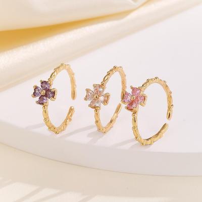 Verstellbarer lila vierblättriger Klee Zirkon Indexring für Mode-Influencer