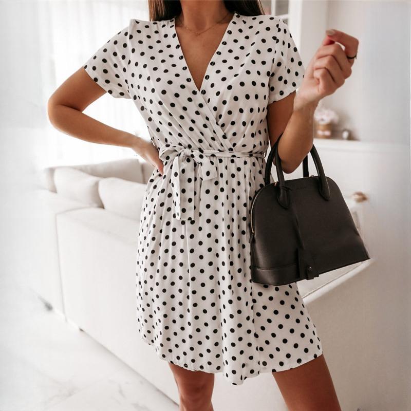 Women Summer Fashion Short Sleeve V Neck Mini Dress Female Polka Dot Split Dresses Vestidos for Women Beach Party Boho Dress