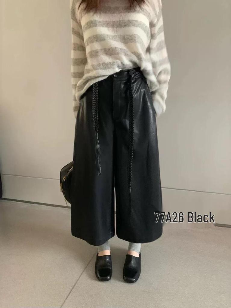 Plus Size High Waist PU Leather Pants - 2025 Korean Style, Loose Fit, Straight Leg, Petite, Eight-Point Length for Spring/Autumn