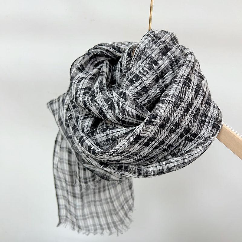 Japanese Small Plaid Linen Scarf Mori Female Literary And Artistic Versatile Breathable Shawl Long Fringed Silk Scarf Female